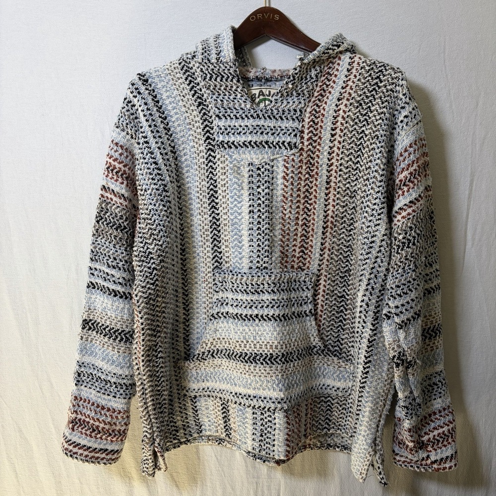 Vtg Baja Joe Earth Rags Men's M Maroon White‎ Blue Pullover Beach Hippie Hoodie